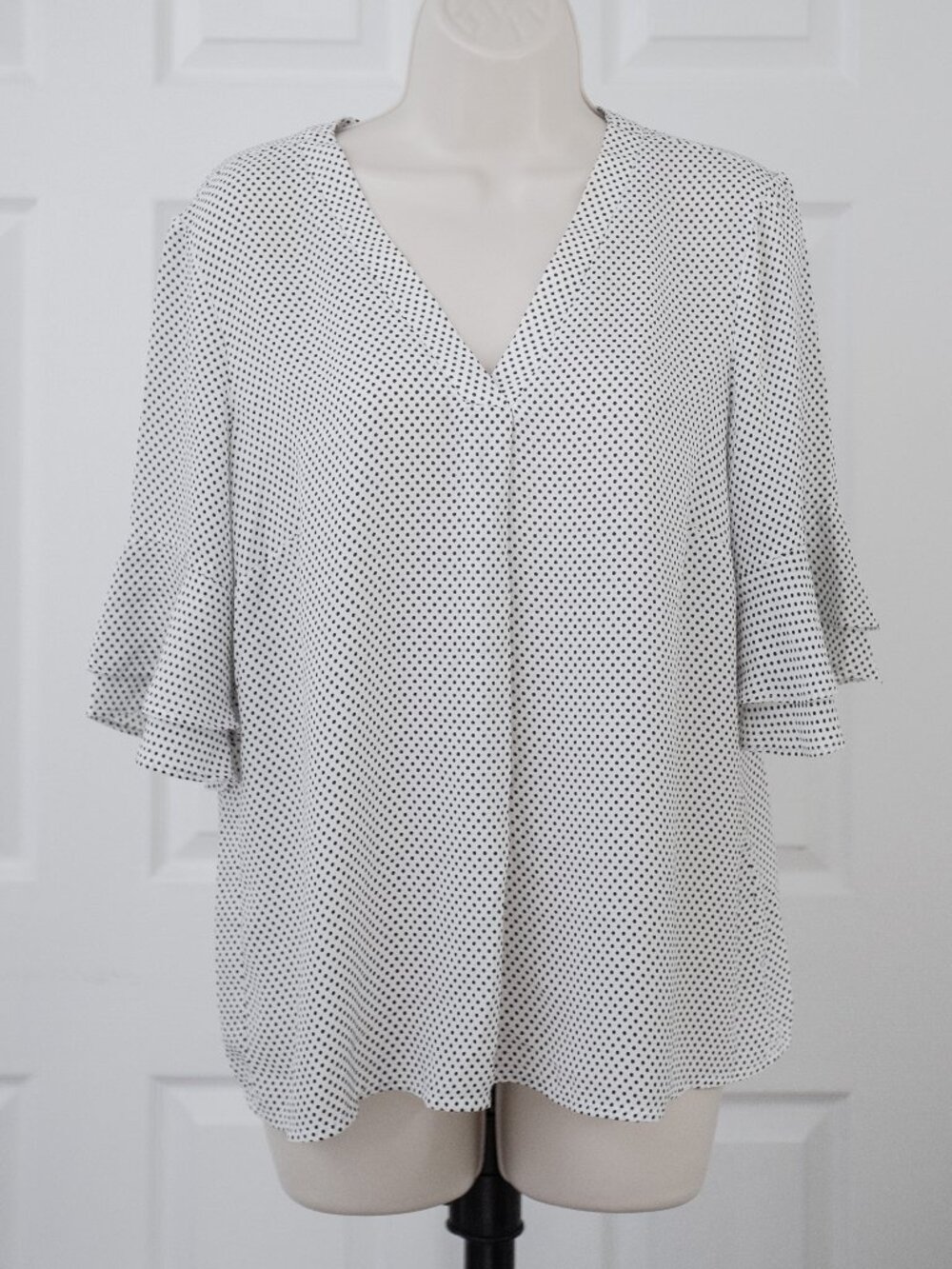 White V-Neck Polka Dot Blouse with Flutter Sleeves